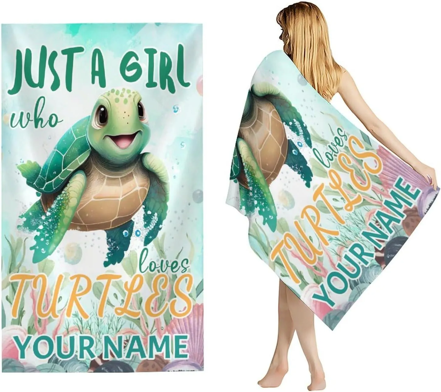Oversized Beach Towel for Gifts, 40" x 70" Microfiber Absorbent Personalized Turtle Towels with Name, Bath, Picnic, Beach Essentials for Women