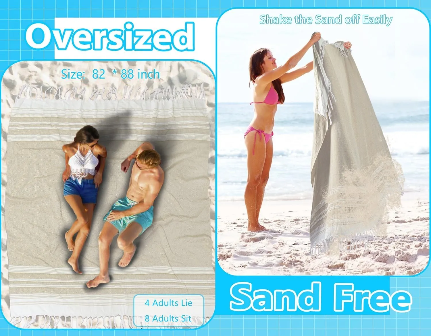 Oversized Cotton Turkish Beach Towel Blanket Giant XL Sandproof Boho Sand Free Towels Huge Jumbo XXL Extra Large Big Throw Quilt Blankets Cloud Beige