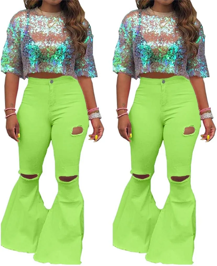 Oversized Skinny Ripped Bell Bottom Jeans Plus Size High Waist Bootcut Classic Flared Jean Pants