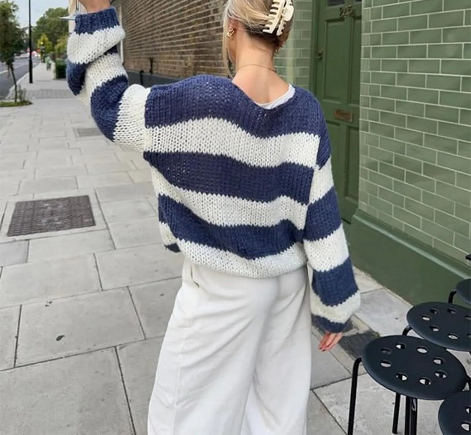 Oversized Sweaters for Women Color Block Striped Sweaters Y2K Crewneck Long Sleeve Knit Sweater