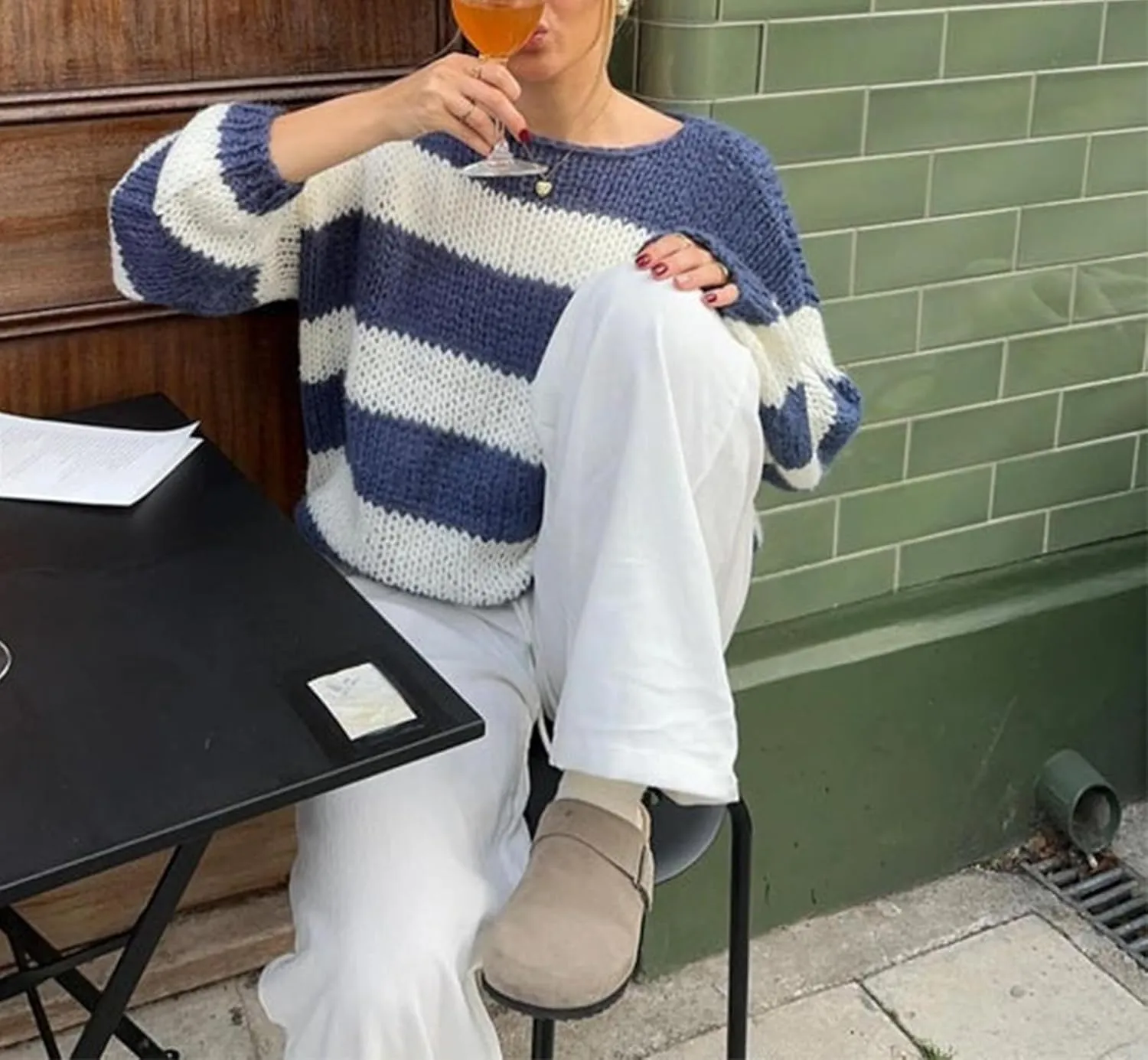 Oversized Sweaters for Women Color Block Striped Sweaters Y2K Crewneck Long Sleeve Knit Sweater