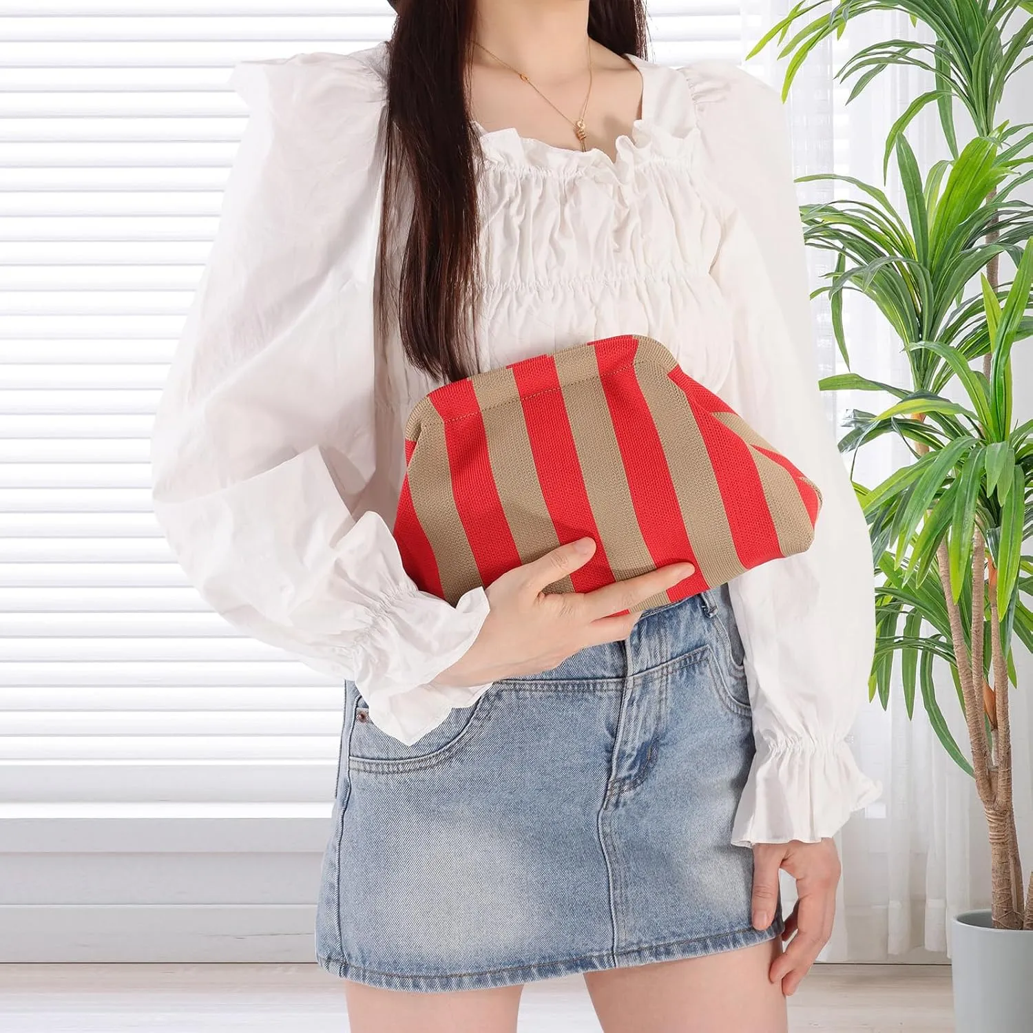 Ovida Colorblock Clutch Purse for Women Summer Beach Dumpling Clutch Crochet Handbag Ruched Cloud Clutch Bag for Party