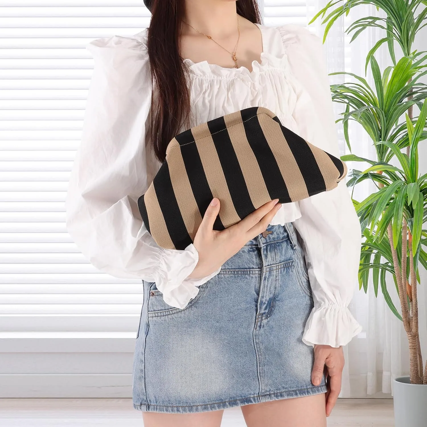 Ovida Colorblock Clutch Purse for Women Summer Beach Dumpling Clutch Crochet Handbag Ruched Cloud Clutch Bag for Party