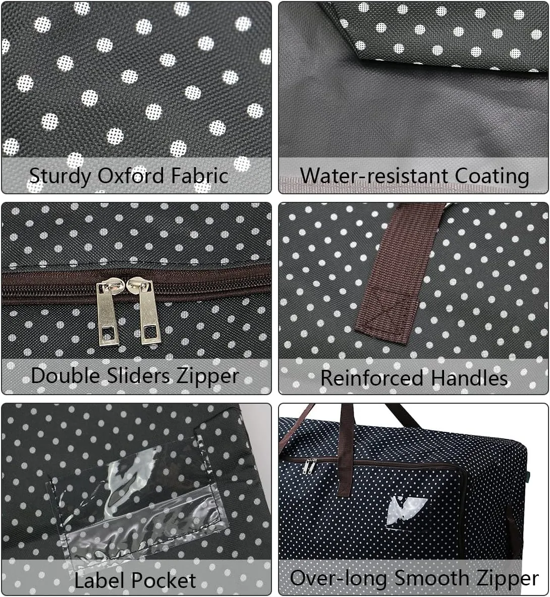 Pack of 2, 27.5 X 16.5 X 13.8", 3-Side Zip Open Holiday Decoration Storage Bags with Handles for Gift Wrap, Festival Lighting, Ornament, Moving Bags, Black Dots