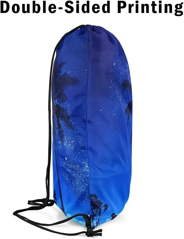 Palm Leaf Drawstring Backpack,Tropical Drawstring Bags,Blue Night Starry Draw String Back Bag,Green Leaves String Backpack,Jungle Botanical Leaf Cinch Bag for Shopping,13x15.7,Blue