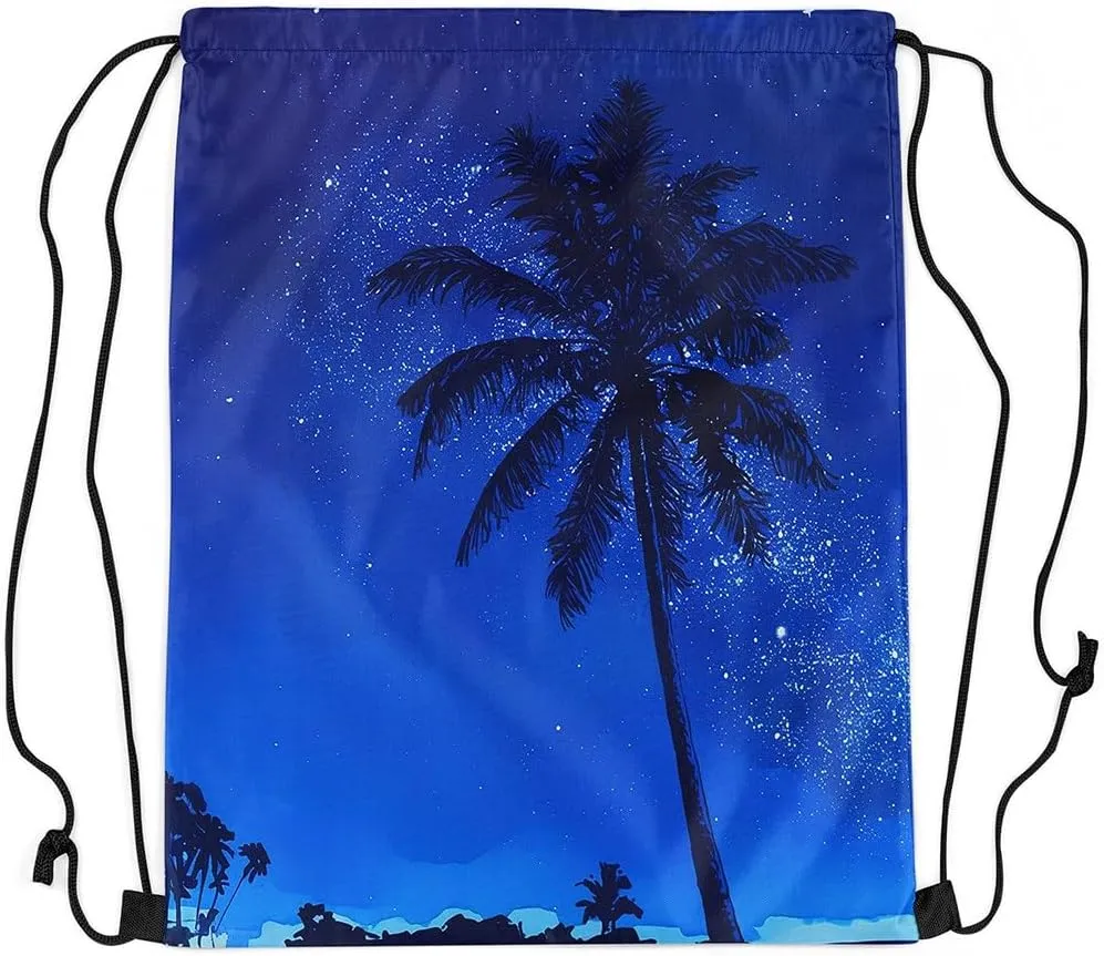 Palm Leaf Drawstring Backpack,Tropical Drawstring Bags,Blue Night Starry Draw String Back Bag,Green Leaves String Backpack,Jungle Botanical Leaf Cinch Bag for Shopping,13x15.7,Blue