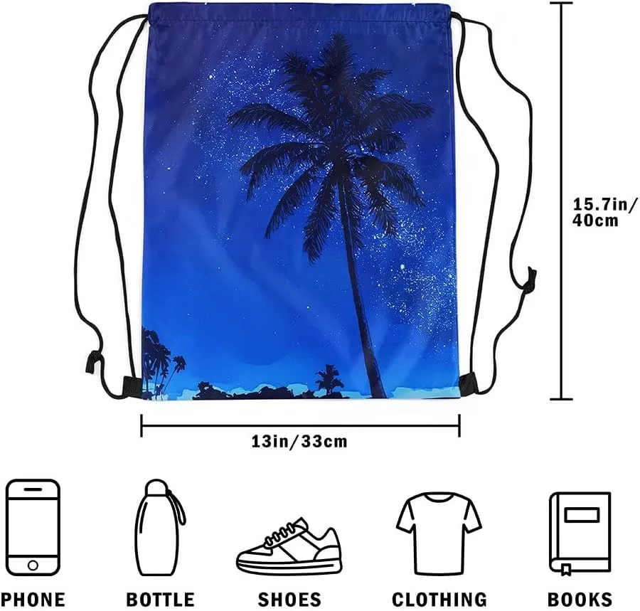 Palm Leaf Drawstring Backpack,Tropical Drawstring Bags,Blue Night Starry Draw String Back Bag,Green Leaves String Backpack,Jungle Botanical Leaf Cinch Bag for Shopping,13x15.7,Blue