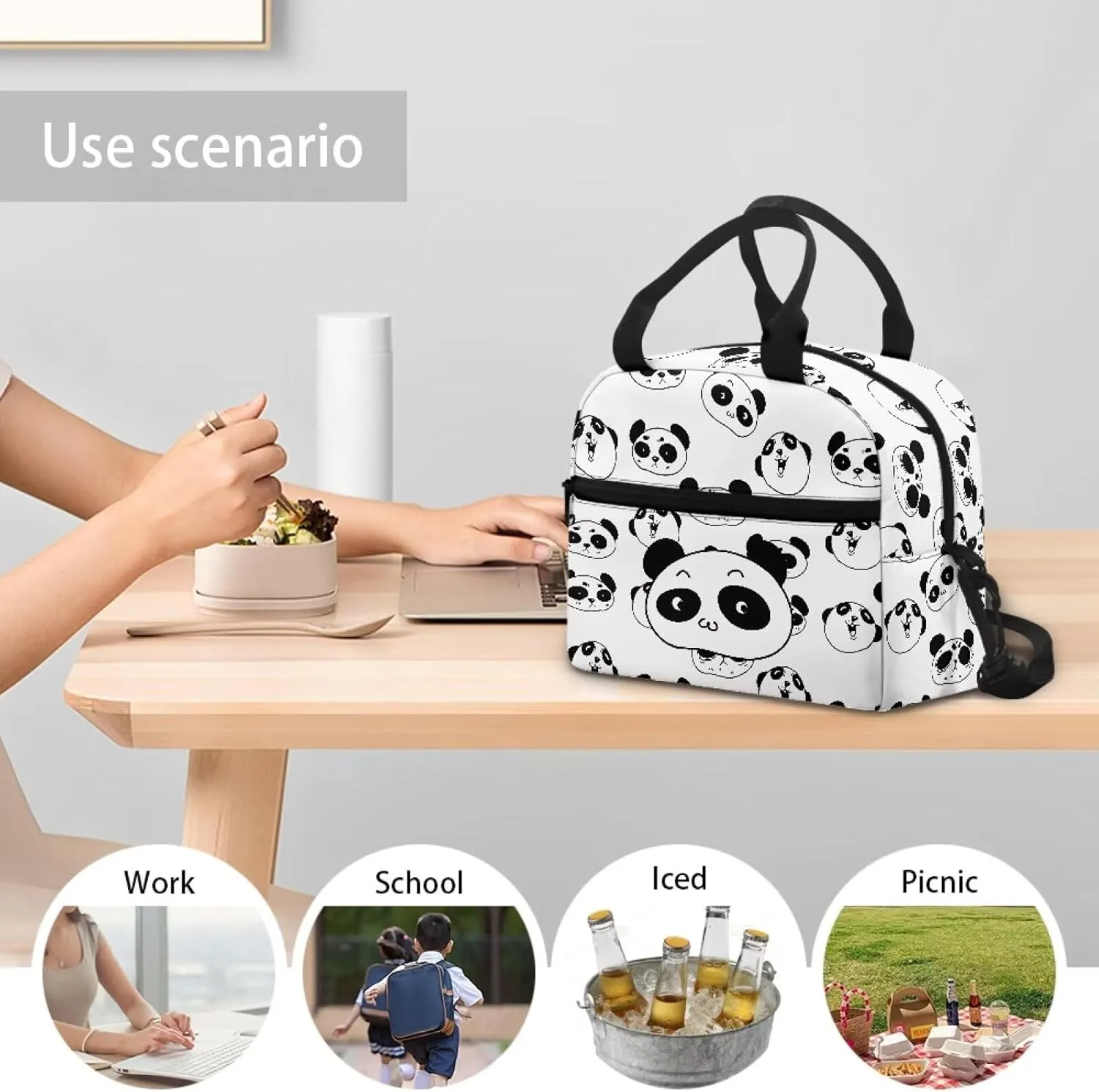 Panda Lunch Bag for Kids Girls Minimalist Print Lunchbox Tote Bags with Detachable Shoulder Strap Lightweight Cute Lunch Box Tote for Girls