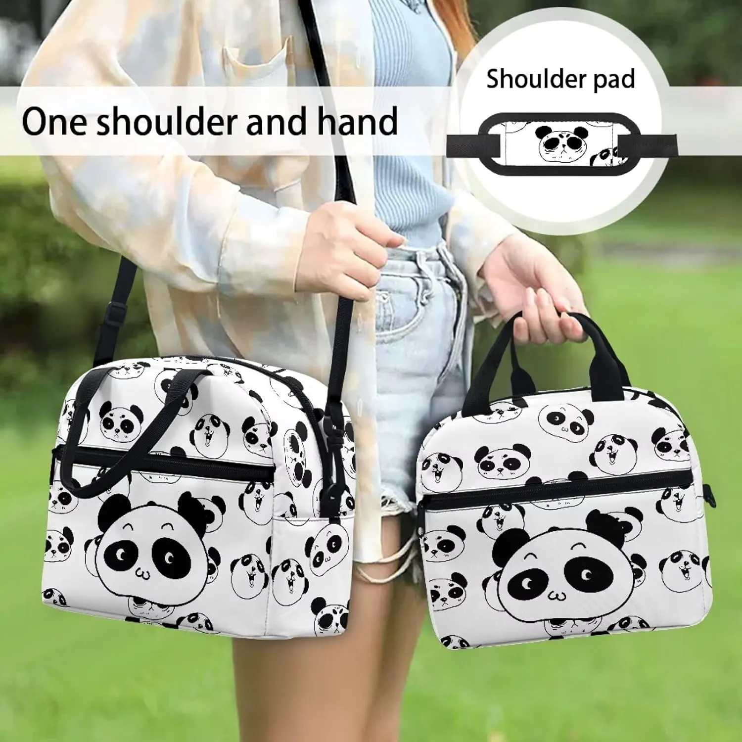Panda Lunch Bag for Kids Girls Minimalist Print Lunchbox Tote Bags with Detachable Shoulder Strap Lightweight Cute Lunch Box Tote for Girls