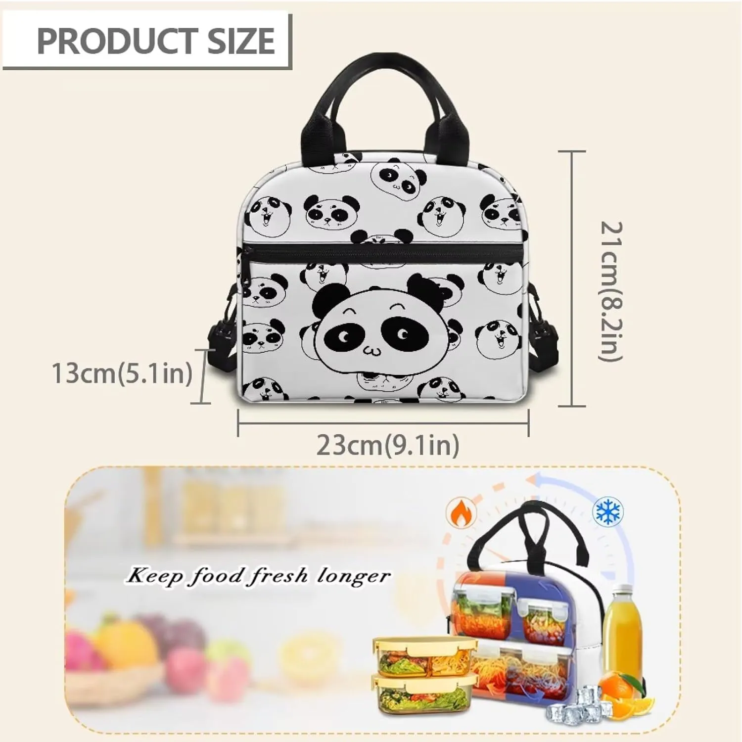Panda Lunch Bag for Kids Girls Minimalist Print Lunchbox Tote Bags with Detachable Shoulder Strap Lightweight Cute Lunch Box Tote for Girls