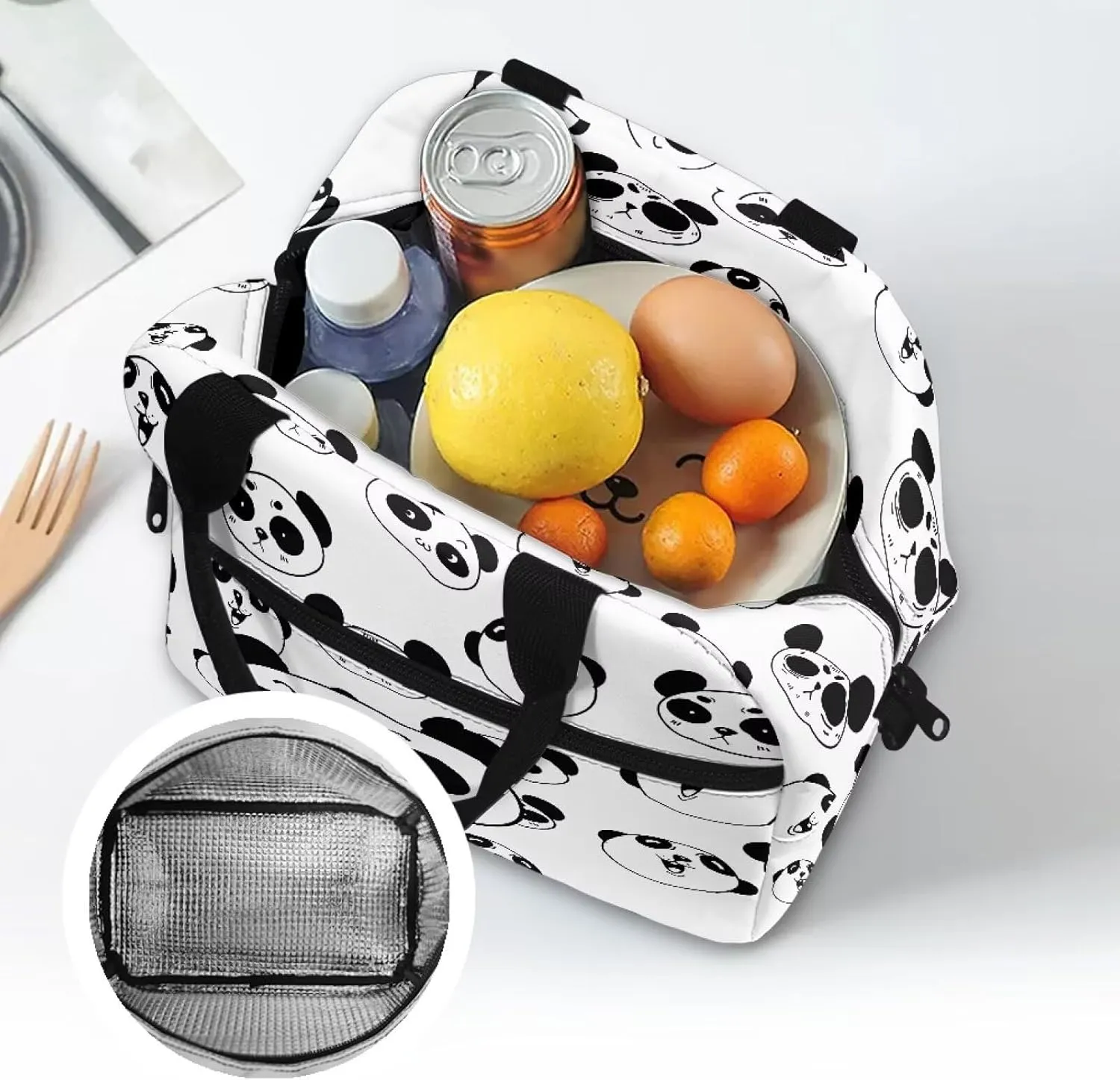 Panda Lunch Bag for Kids Girls Minimalist Print Lunchbox Tote Bags with Detachable Shoulder Strap Lightweight Cute Lunch Box Tote for Girls