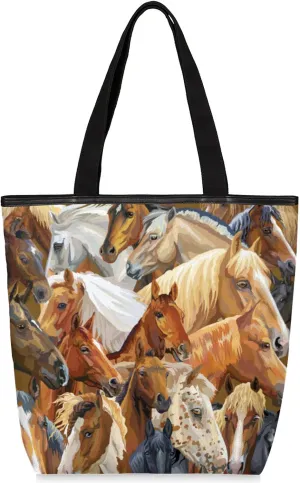 Pardick Watercolor Horse Print Canvas Tote Bag, Eco Friendly Reusable Grocery Shopping Bags Beach Bag Book Tote Handbags Washable Shoulder Bag With Zipper Inner Pocket for Women Girls