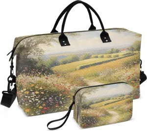 Path Cottage Artwork Beige Sports Gym Bag for Women Men Travel Duffel Bag Weekend Overnight Carry on Bag with Toiletry Bag Hospital Bag for Workout Swimming Yoga Plane Hospital