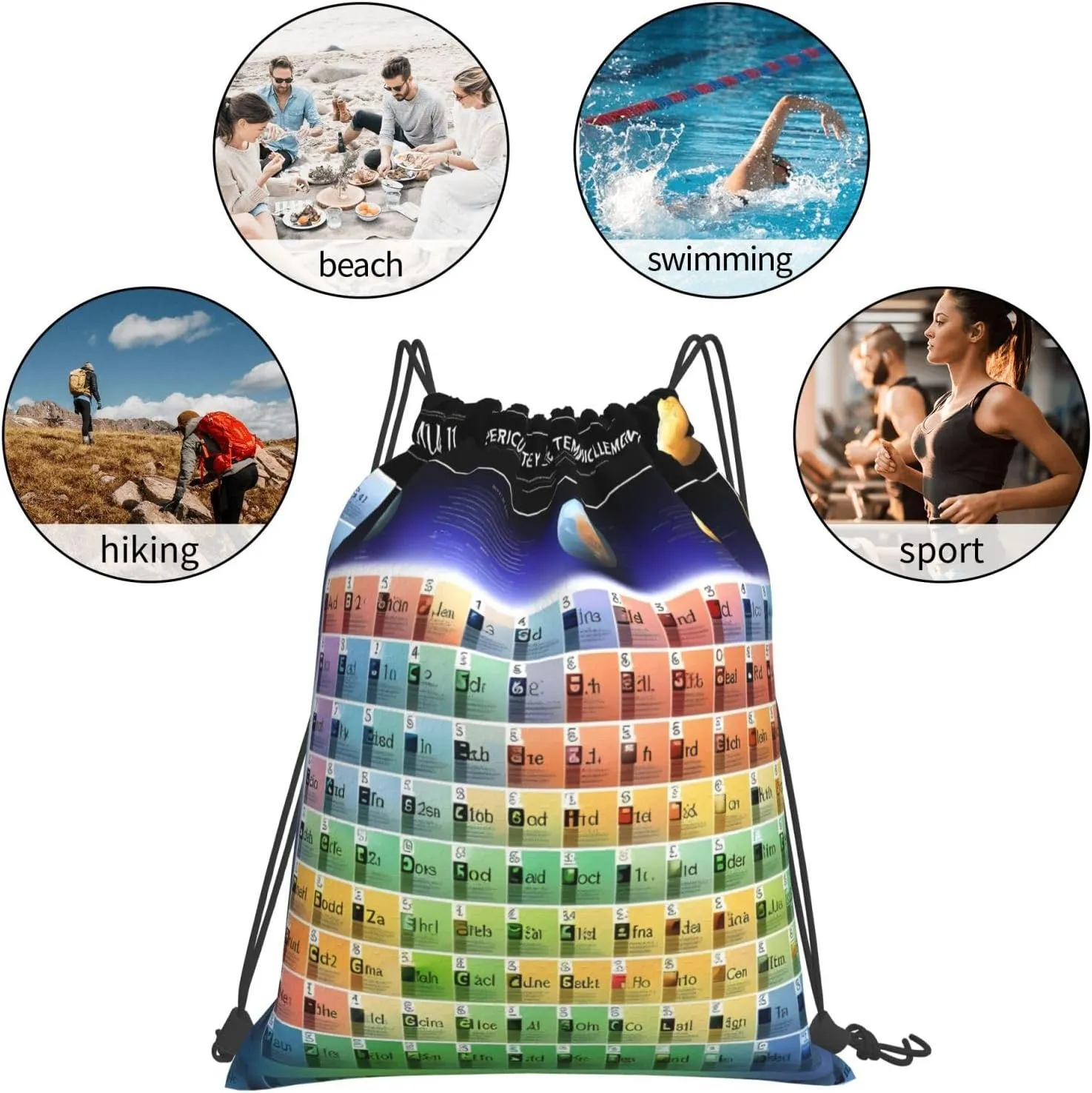 Periodic table of elements Print Sports Drawstring Backpack,Water Resistant Bag, Gym Backpack for Women Men