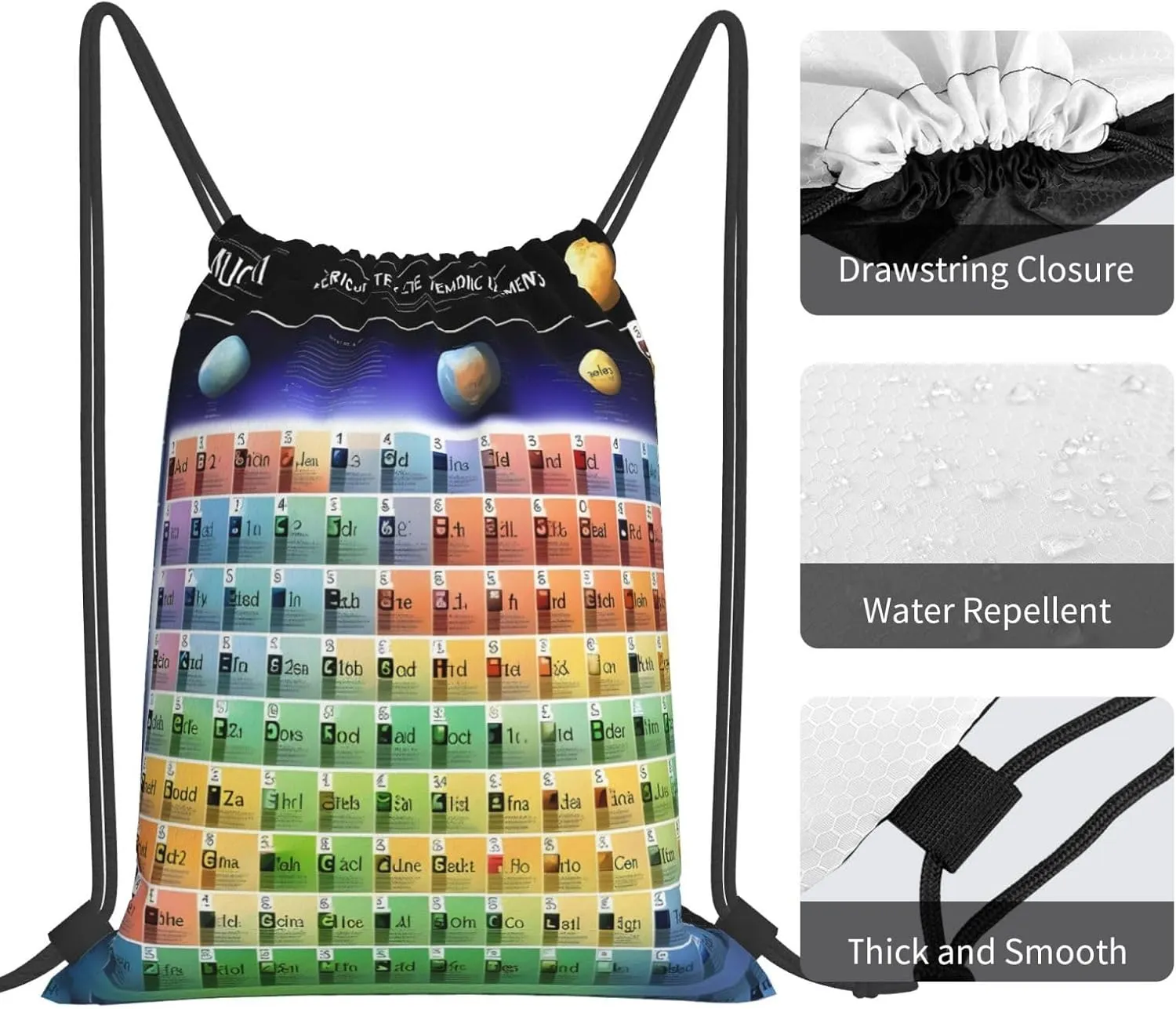 Periodic table of elements Print Sports Drawstring Backpack,Water Resistant Bag, Gym Backpack for Women Men