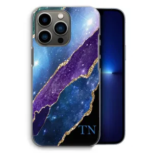 Personalised Apple iPhone Hard Case with Subtle Block Initials on Blue & Gold Strip Marble