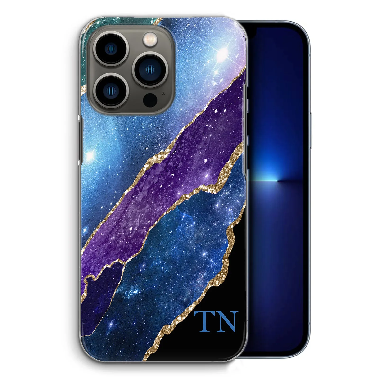 Personalised Apple iPhone Hard Case with Subtle Block Initials on Blue & Gold Strip Marble