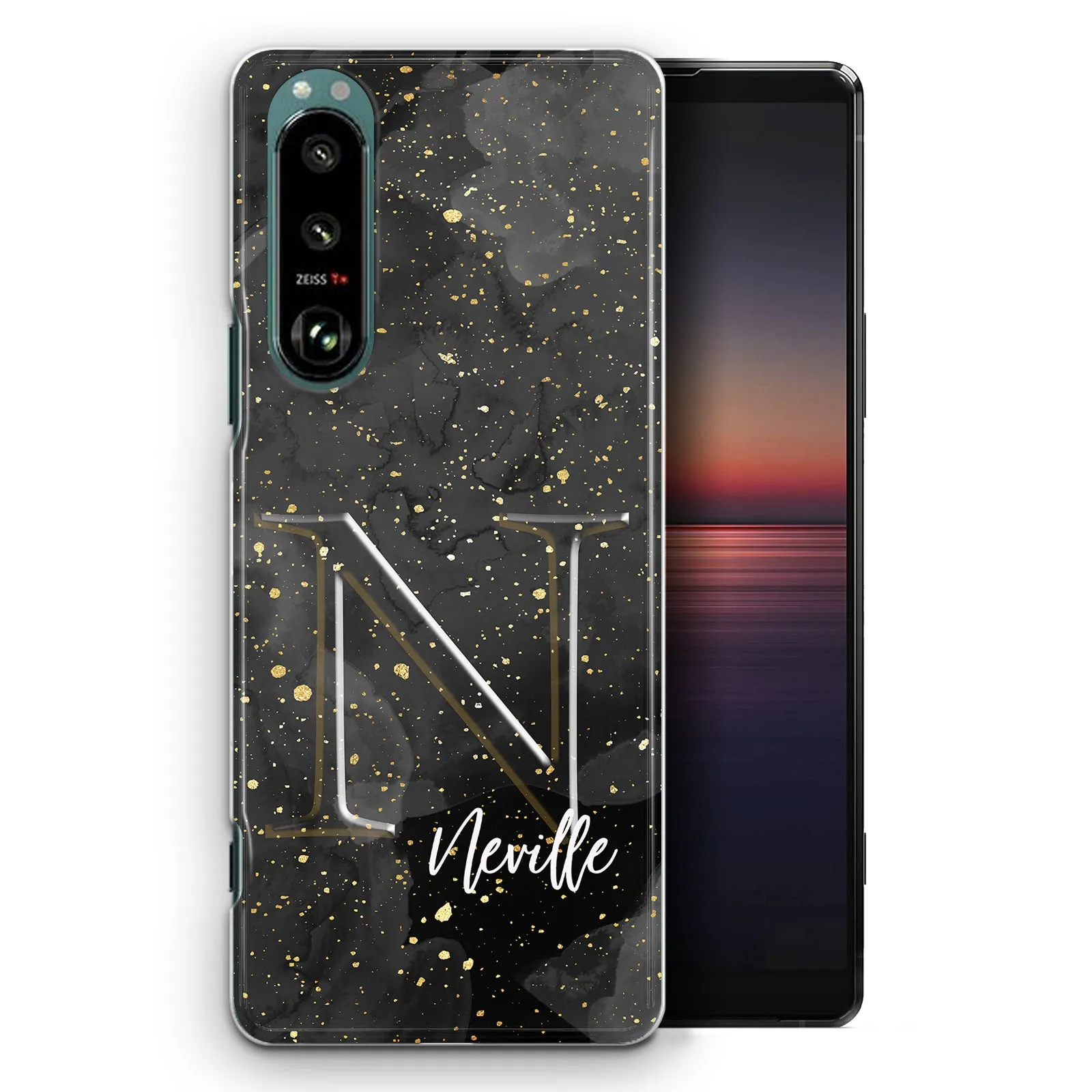 Personalised Sony Phone Hard Case with Monogram and Name on Grey Speckle Marble