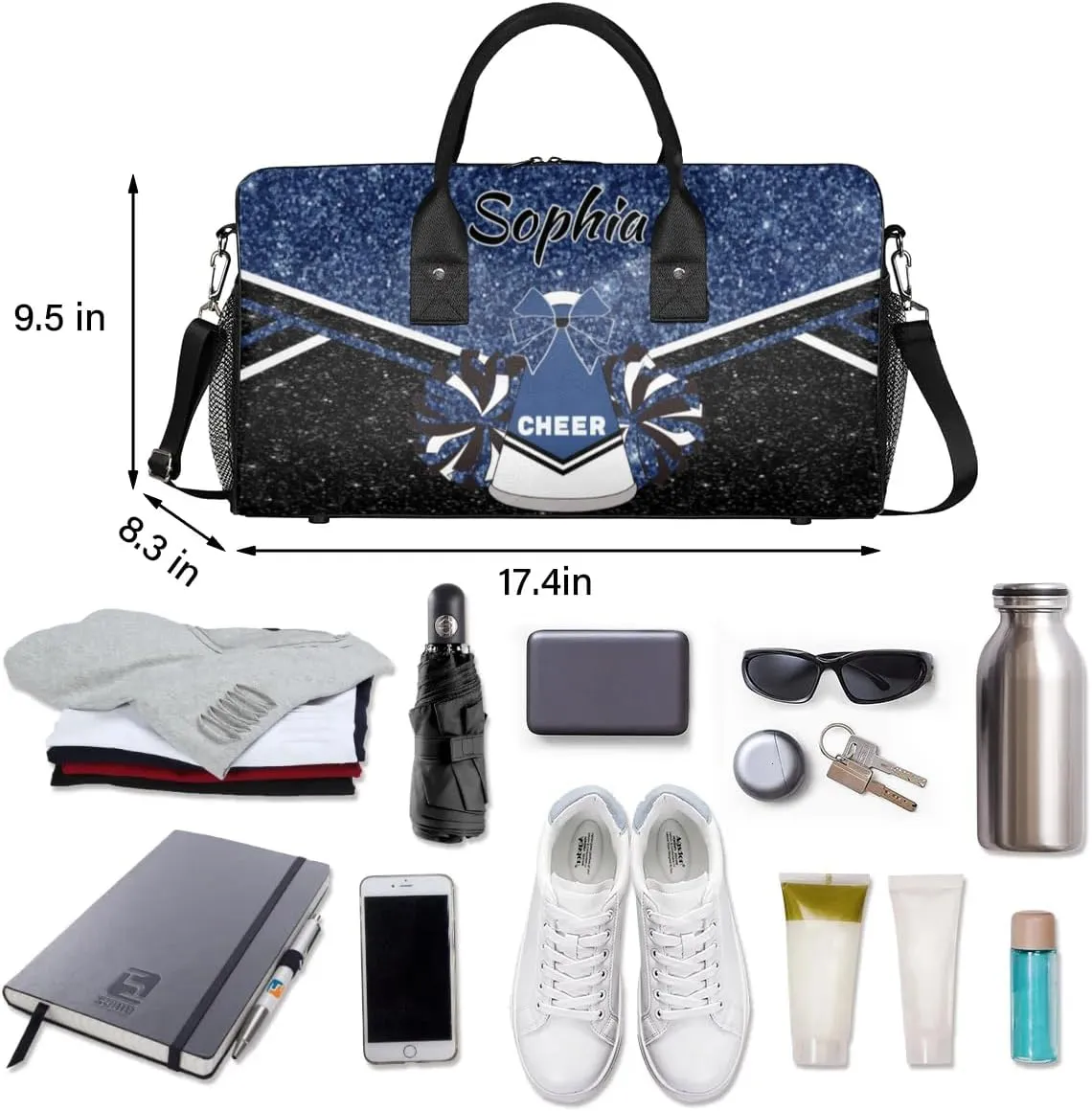 Personalized Cheer Bags for Cheerleaders, Custom Name Sport Duffel Bag Gym Bag Travel Duffle Bag Overnight Weekender Bag, Dark Blue Glitter