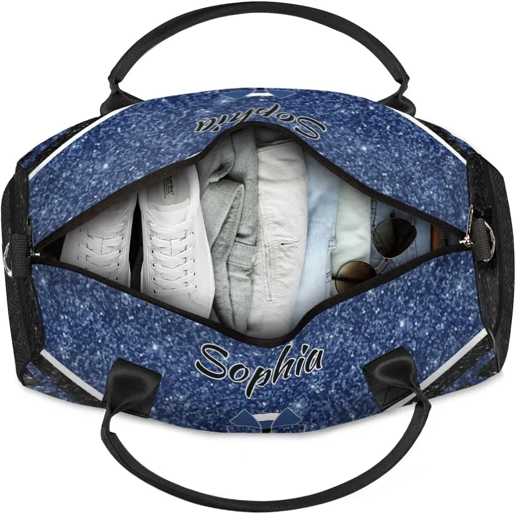 Personalized Cheer Bags for Cheerleaders, Custom Name Sport Duffel Bag Gym Bag Travel Duffle Bag Overnight Weekender Bag, Dark Blue Glitter