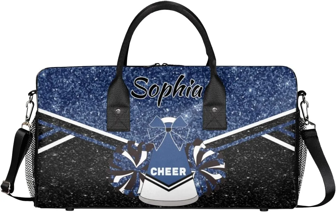 Personalized Cheer Bags for Cheerleaders, Custom Name Sport Duffel Bag Gym Bag Travel Duffle Bag Overnight Weekender Bag, Dark Blue Glitter