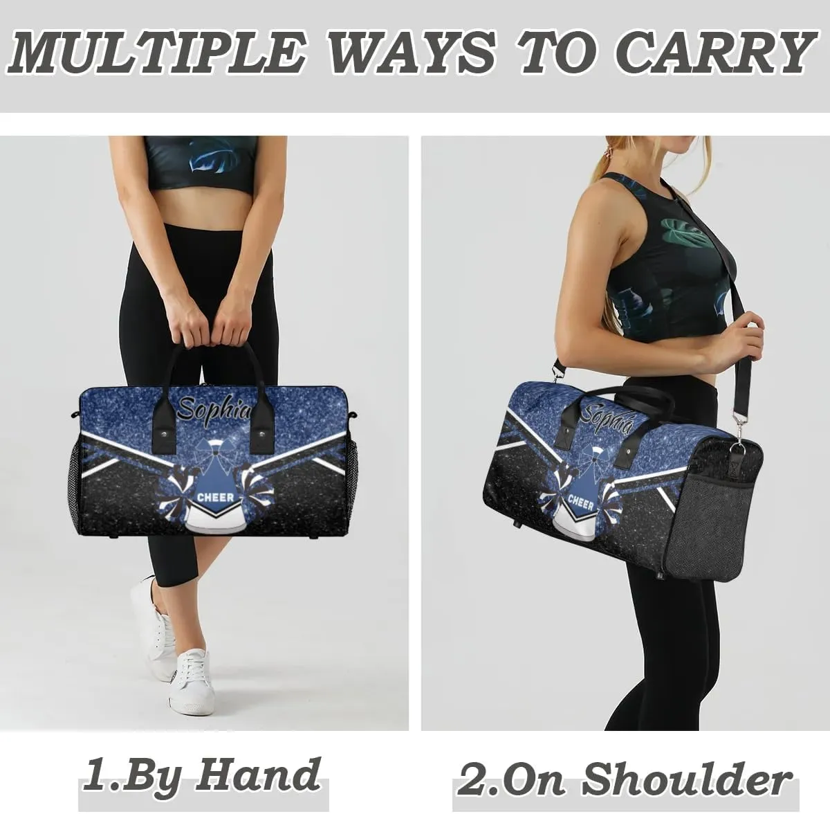Personalized Cheer Bags for Cheerleaders, Custom Name Sport Duffel Bag Gym Bag Travel Duffle Bag Overnight Weekender Bag, Dark Blue Glitter