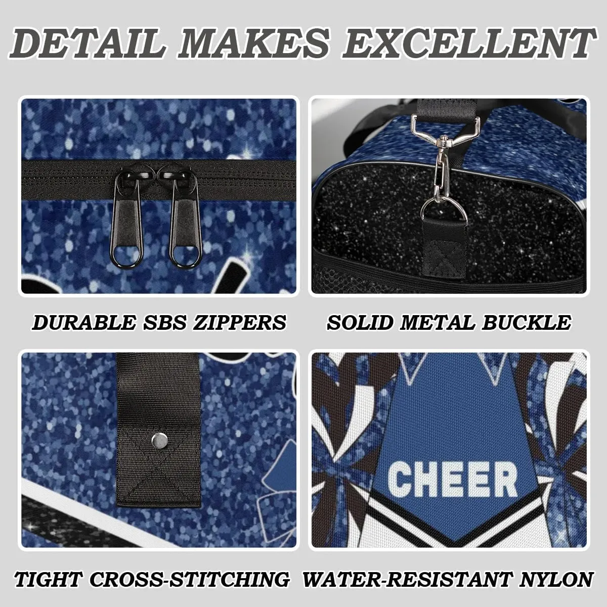 Personalized Cheer Bags for Cheerleaders, Custom Name Sport Duffel Bag Gym Bag Travel Duffle Bag Overnight Weekender Bag, Dark Blue Glitter