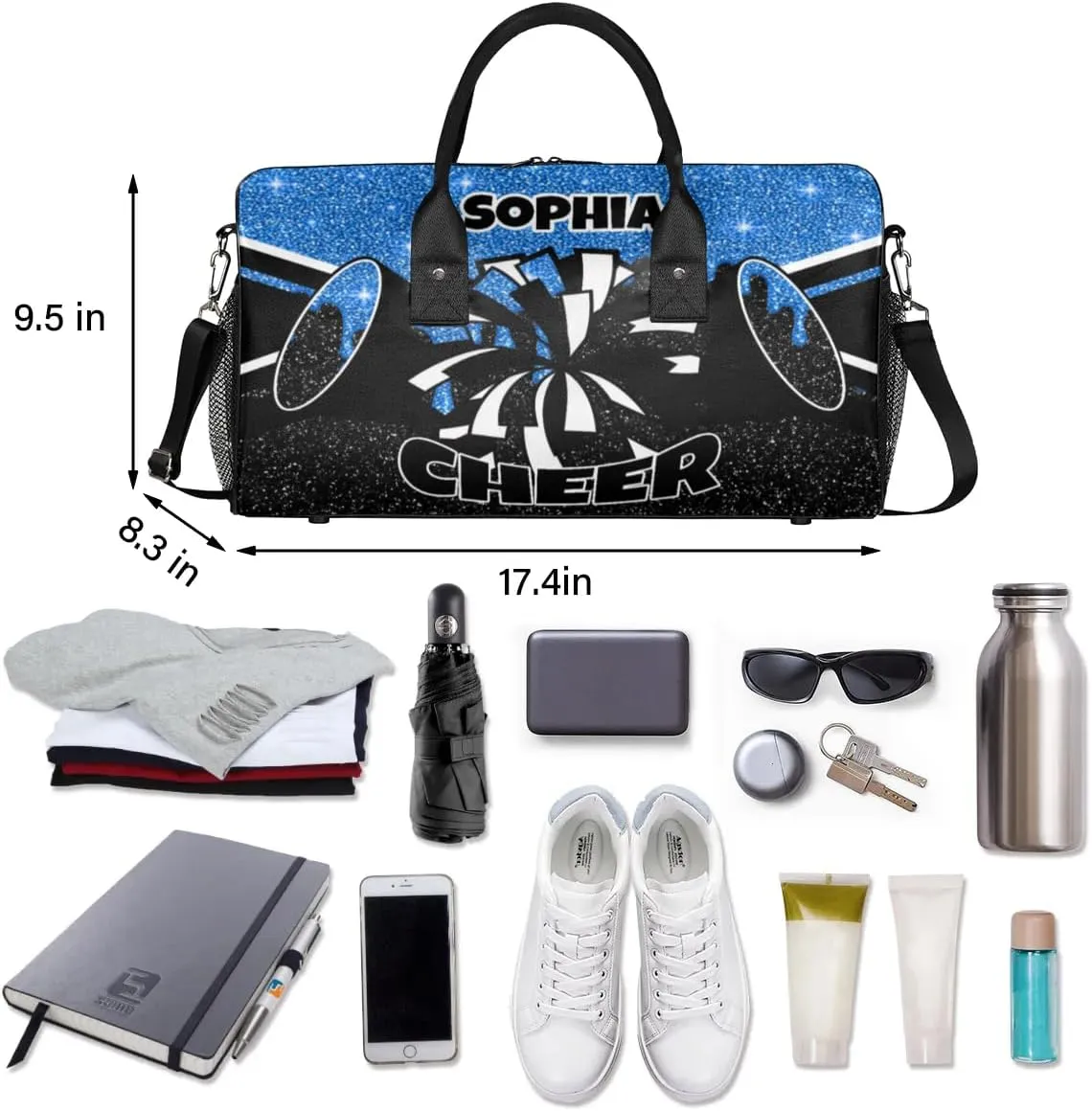 Personalized Cheer Bags for Cheerleaders Custom Sport Duffel Bag Gym Bag Travel Duffle Bag Overnight Weekender Bag with Name Blue Glitter Drops