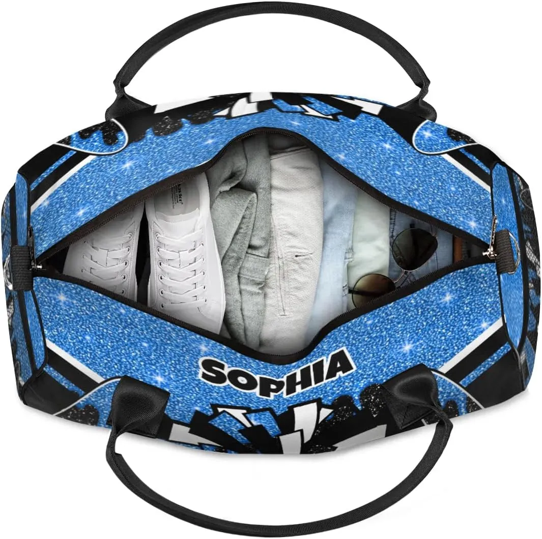 Personalized Cheer Bags for Cheerleaders Custom Sport Duffel Bag Gym Bag Travel Duffle Bag Overnight Weekender Bag with Name Blue Glitter Drops