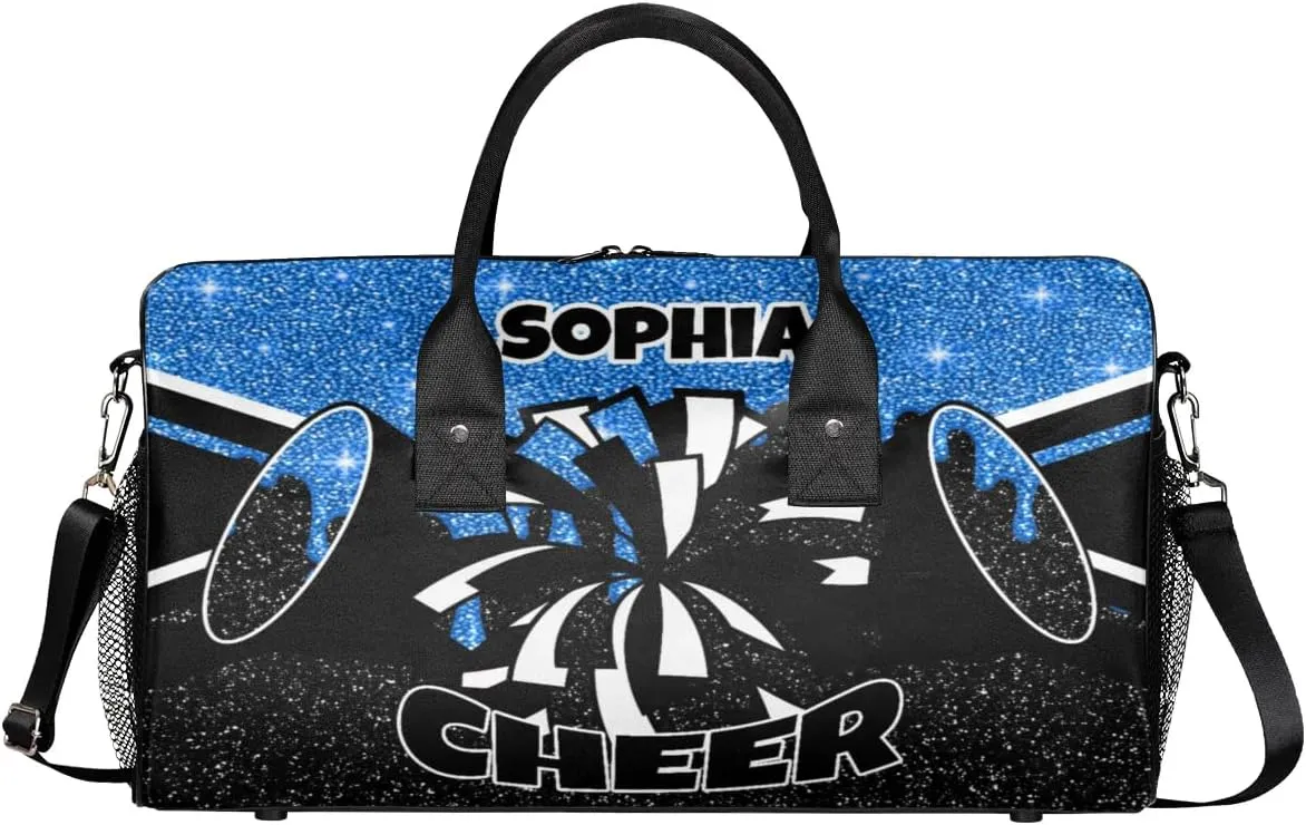 Personalized Cheer Bags for Cheerleaders Custom Sport Duffel Bag Gym Bag Travel Duffle Bag Overnight Weekender Bag with Name Blue Glitter Drops