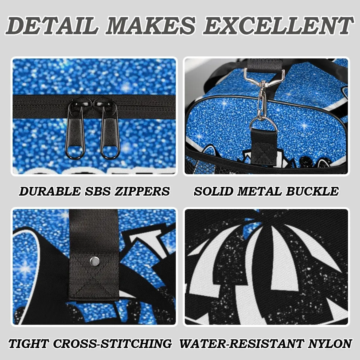 Personalized Cheer Bags for Cheerleaders Custom Sport Duffel Bag Gym Bag Travel Duffle Bag Overnight Weekender Bag with Name Blue Glitter Drops