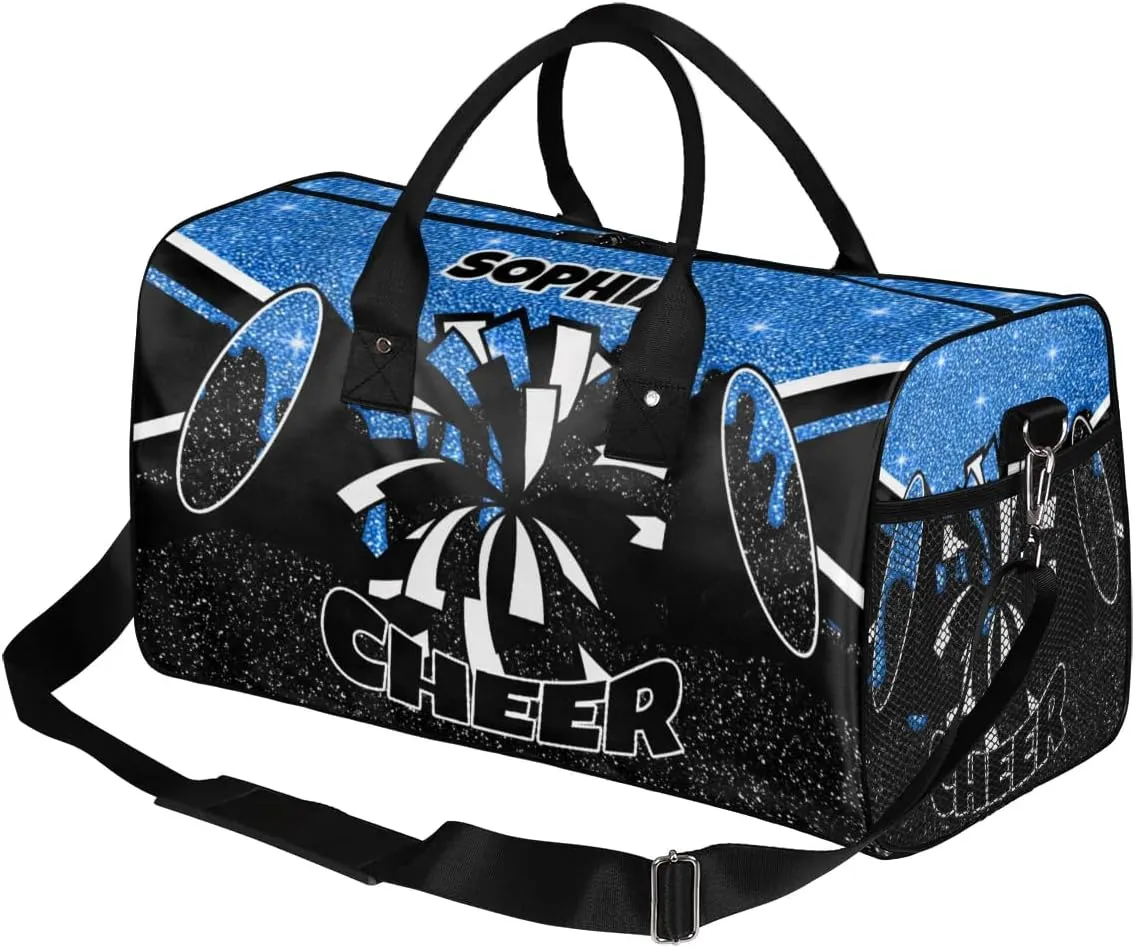 Personalized Cheer Bags for Cheerleaders Custom Sport Duffel Bag Gym Bag Travel Duffle Bag Overnight Weekender Bag with Name Blue Glitter Drops