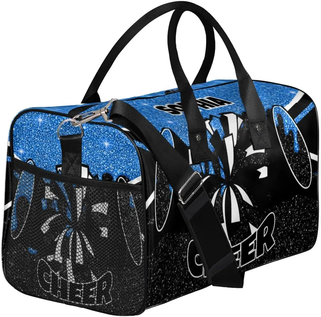 Personalized Cheer Bags for Cheerleaders Custom Sport Duffel Bag Gym Bag Travel Duffle Bag Overnight Weekender Bag with Name Blue Glitter Drops