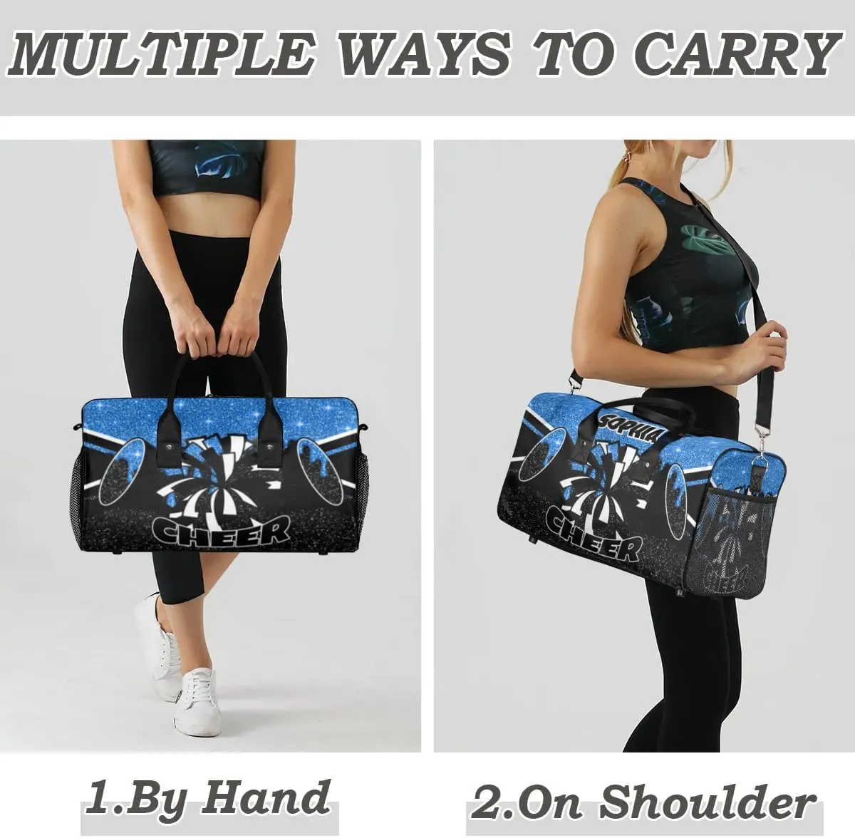 Personalized Cheer Bags for Cheerleaders Custom Sport Duffel Bag Gym Bag Travel Duffle Bag Overnight Weekender Bag with Name Blue Glitter Drops