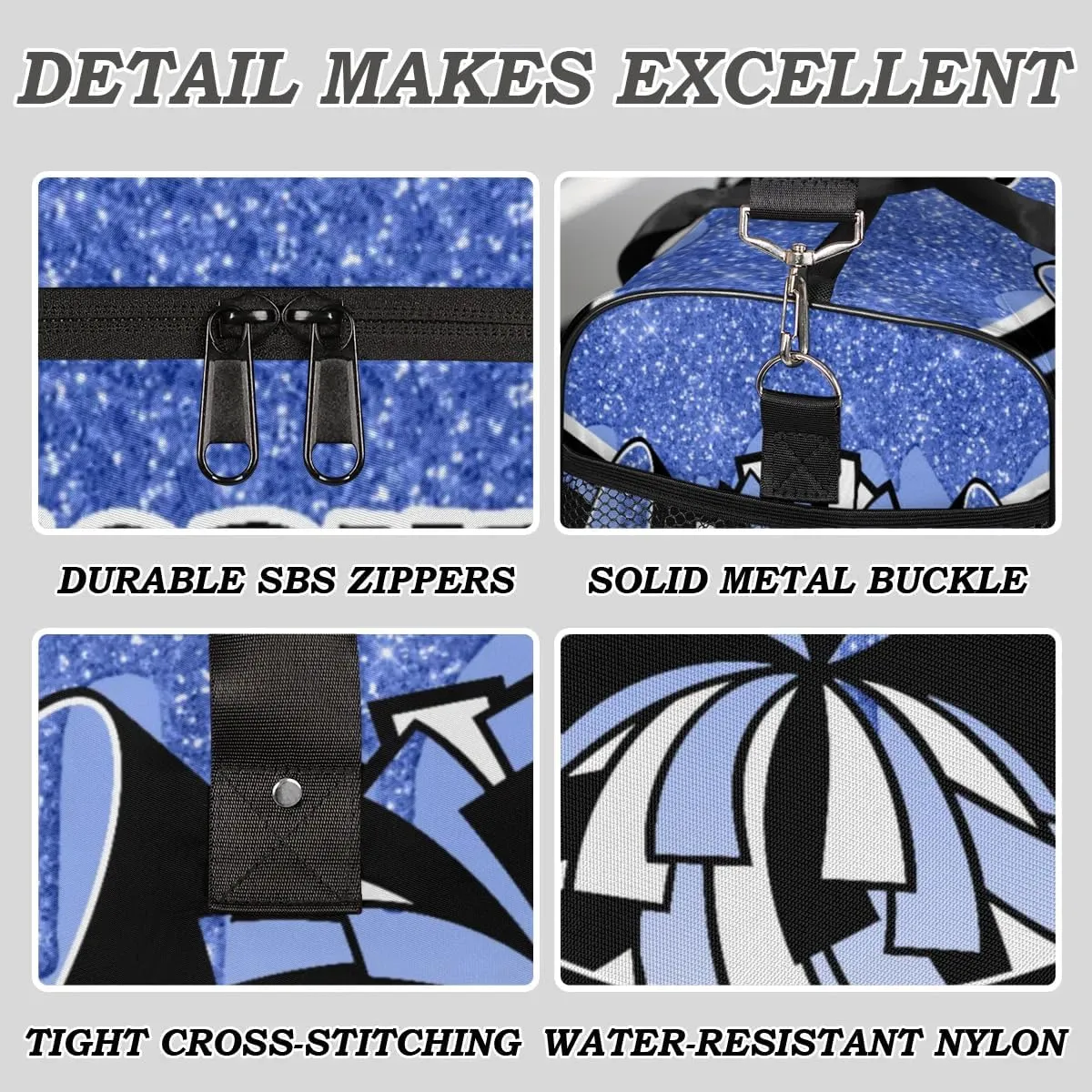 Personalized Cheer Bags for Cheerleaders Custom Sport Duffel Bag Gym Bag Travel Duffle Bag Overnight Weekender Bag with Name Dark Blue Glitter Drops