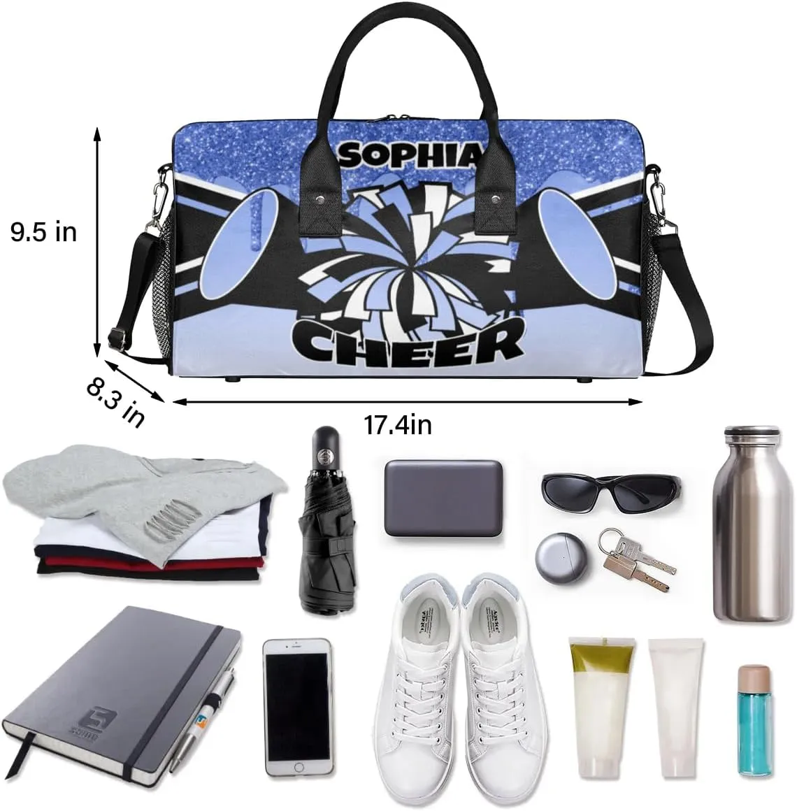 Personalized Cheer Bags for Cheerleaders Custom Sport Duffel Bag Gym Bag Travel Duffle Bag Overnight Weekender Bag with Name Dark Blue Glitter Drops