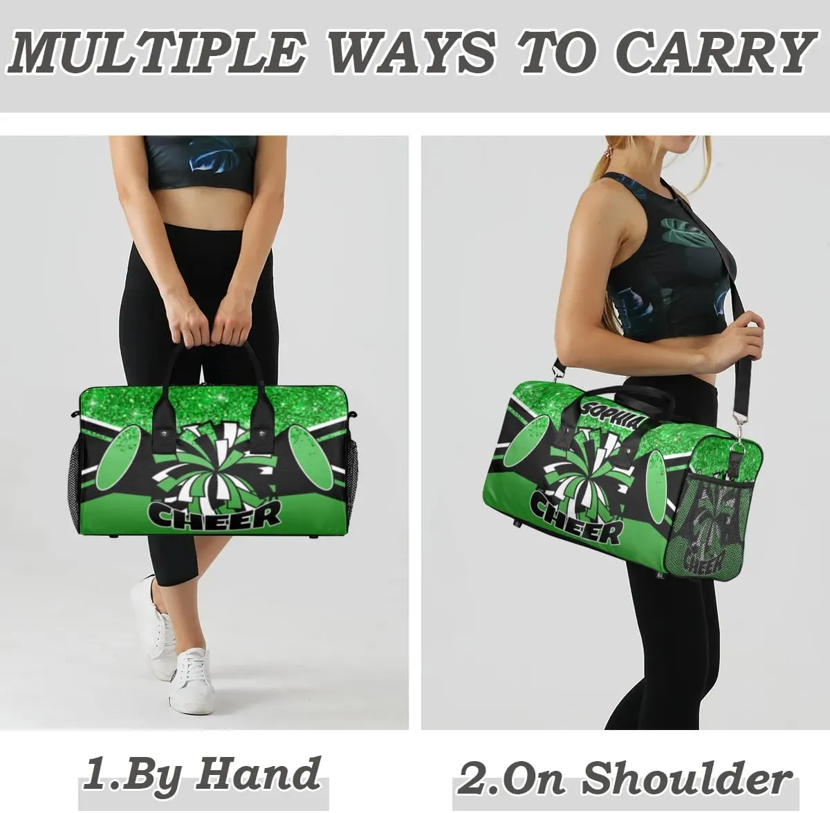 Personalized Cheer Bags for Cheerleaders Custom Sport Duffel Bag Gym Bag Travel Duffle Bag Overnight Weekender Bag with Name Dark Green Glitter