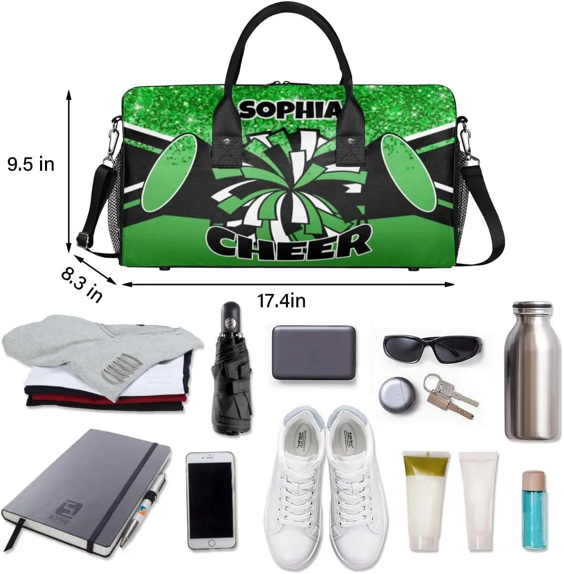 Personalized Cheer Bags for Cheerleaders Custom Sport Duffel Bag Gym Bag Travel Duffle Bag Overnight Weekender Bag with Name Dark Green Glitter