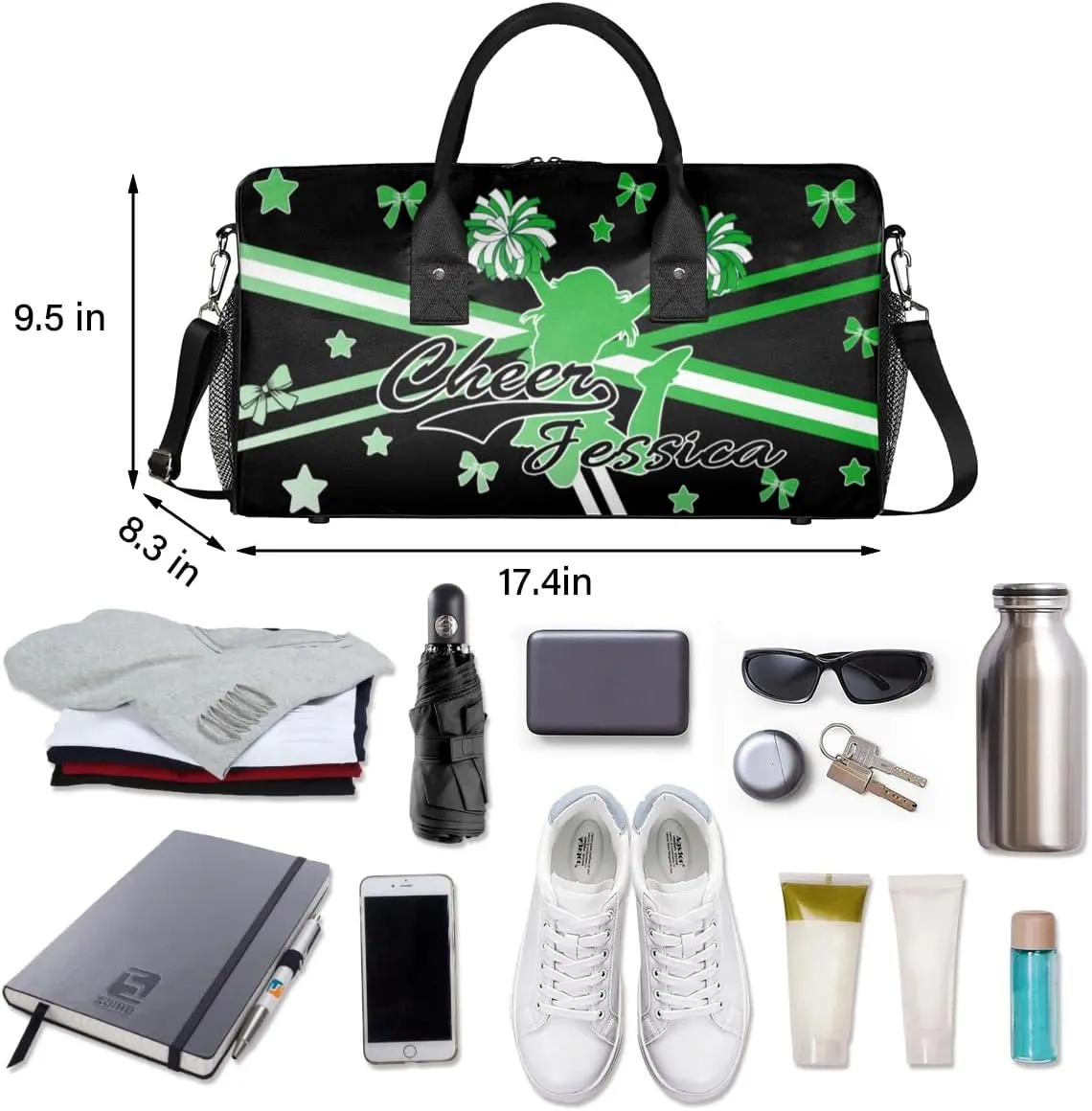 Personalized Cheer Sports Bag for Cheerleader, Grass Green Gradient Custom Gymnastics Gym Duffel Bags Cheer Competition Gift with Your Name Ballet Dance Overnight Weekender Bag