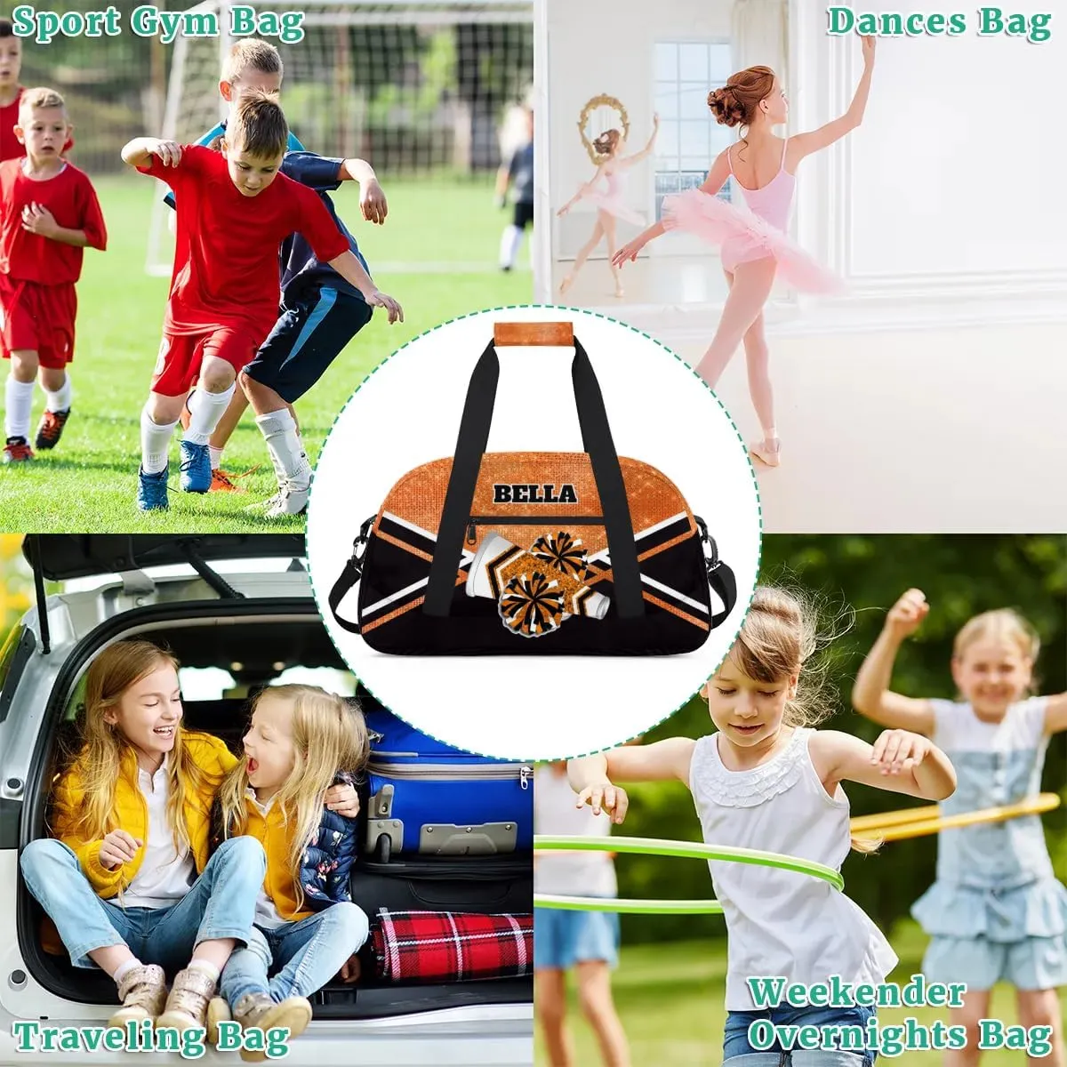 Personalized Cheerleader Bag Dance Bag for Girl, Custom Team Bag Gymnastics Bag Sport Duffel Bag, Weekender Bags Travel Duffel Bag for Cheer Team Orange Glitter Cheer