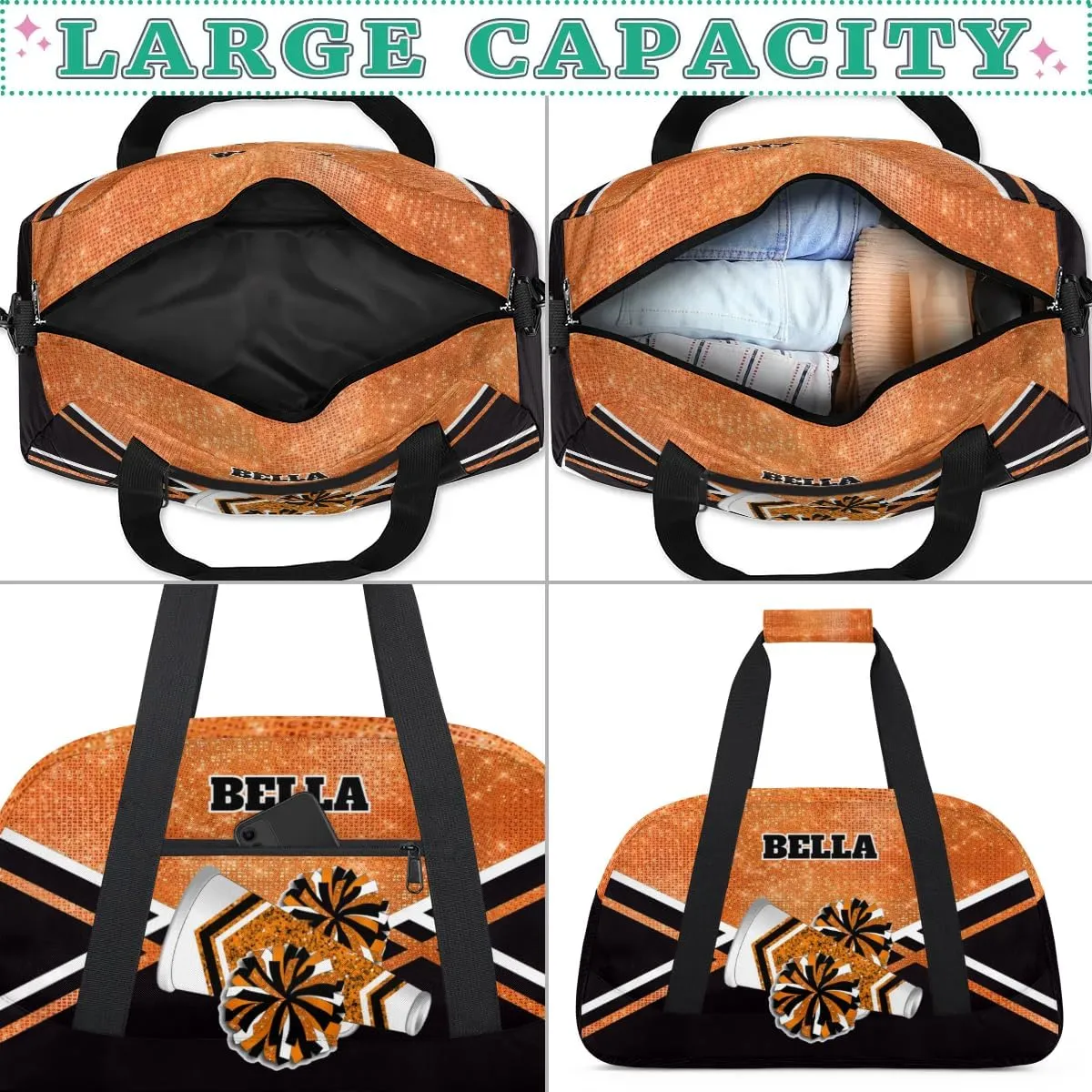 Personalized Cheerleader Bag Dance Bag for Girl, Custom Team Bag Gymnastics Bag Sport Duffel Bag, Weekender Bags Travel Duffel Bag for Cheer Team Orange Glitter Cheer