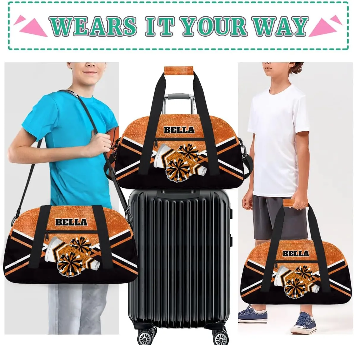 Personalized Cheerleader Bag Dance Bag for Girl, Custom Team Bag Gymnastics Bag Sport Duffel Bag, Weekender Bags Travel Duffel Bag for Cheer Team Orange Glitter Cheer