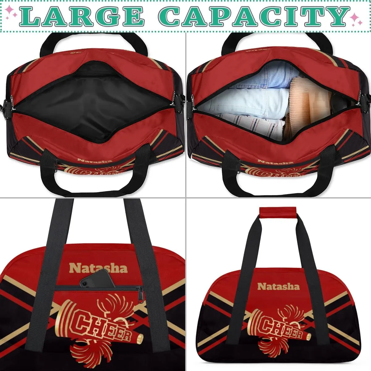 Personalized Cheerleader Bag Dance Bag for Girl, Custom Team Bag Gymnastics Bag Sport Duffel Bag, Weekender Bags Travel Duffel Bag for Cheer Team Red and Gold Cheerleader