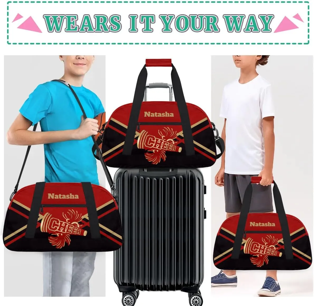 Personalized Cheerleader Bag Dance Bag for Girl, Custom Team Bag Gymnastics Bag Sport Duffel Bag, Weekender Bags Travel Duffel Bag for Cheer Team Red and Gold Cheerleader