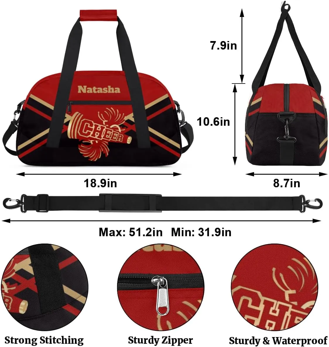 Personalized Cheerleader Bag Dance Bag for Girl, Custom Team Bag Gymnastics Bag Sport Duffel Bag, Weekender Bags Travel Duffel Bag for Cheer Team Red and Gold Cheerleader