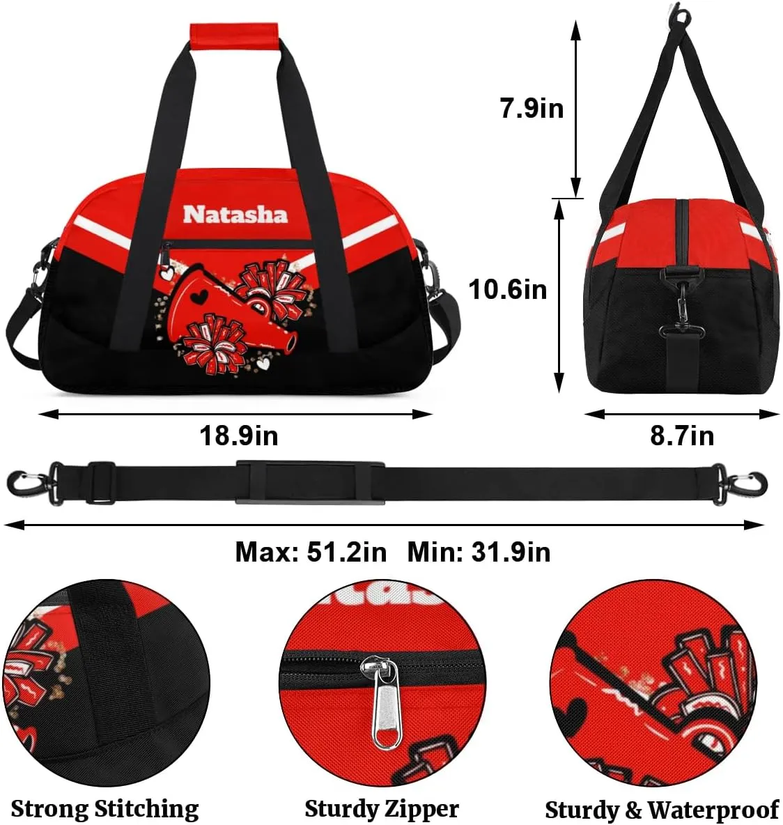 Personalized Cheerleader Bag Dance Bag for Girl, Custom Team Bag Gymnastics Bag Sport Duffel Bag, Weekender Bags Travel Duffel Bag for Cheer Team Red Cheerleader