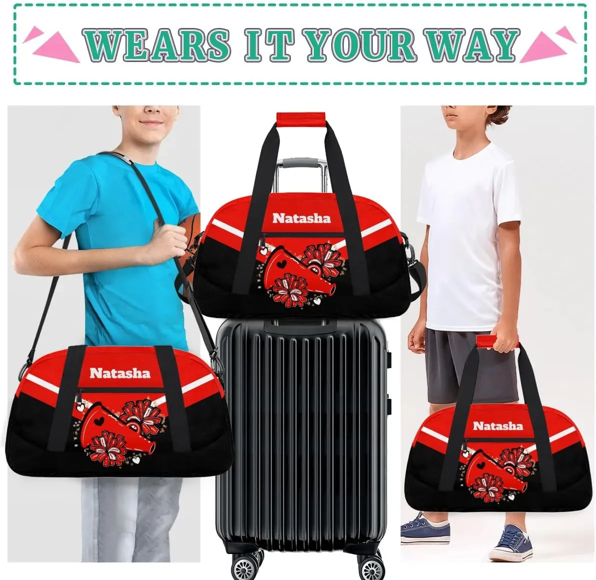 Personalized Cheerleader Bag Dance Bag for Girl, Custom Team Bag Gymnastics Bag Sport Duffel Bag, Weekender Bags Travel Duffel Bag for Cheer Team Red Cheerleader