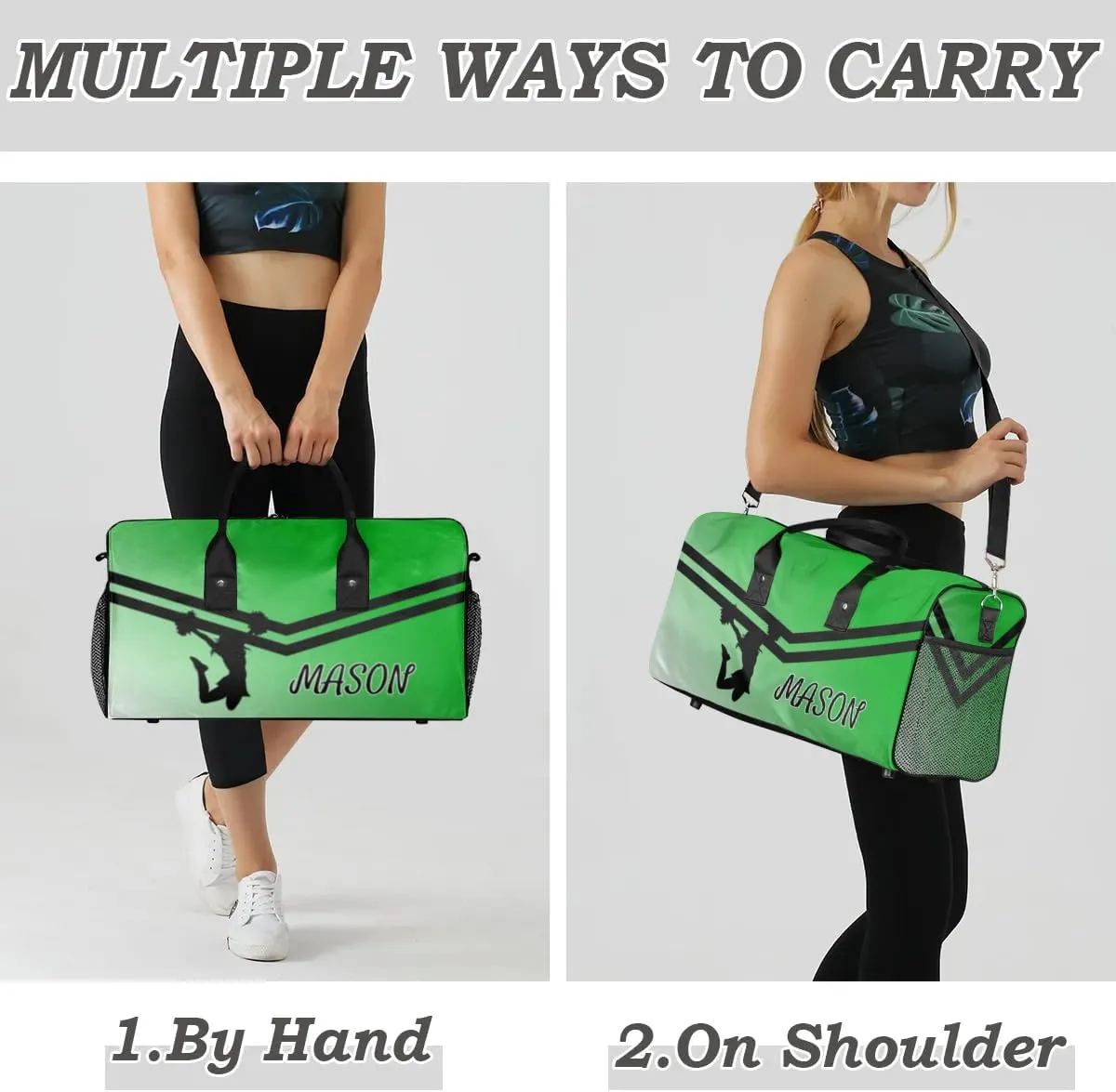 Personalized Cheerleader Cheer Bag for Women, Sport Duffel Bag with Name Customized Travel Overnight Weekender Bags, Grass Green Gradient Cheerleader Silhouette