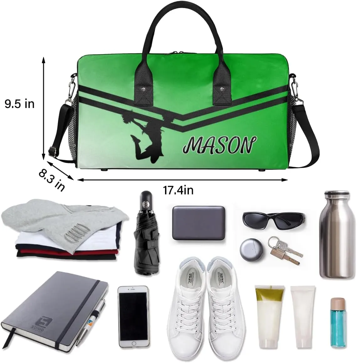 Personalized Cheerleader Cheer Bag for Women, Sport Duffel Bag with Name Customized Travel Overnight Weekender Bags, Grass Green Gradient Cheerleader Silhouette