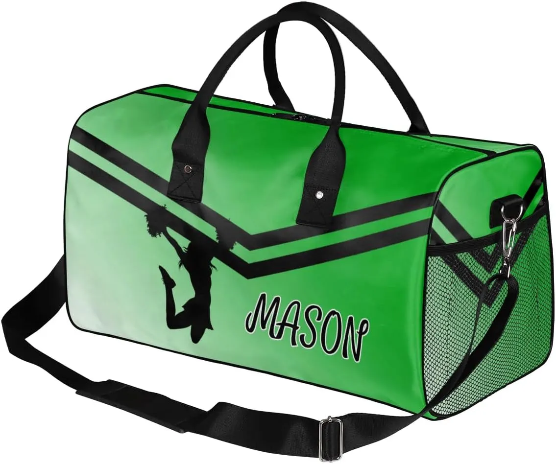 Personalized Cheerleader Cheer Bag for Women, Sport Duffel Bag with Name Customized Travel Overnight Weekender Bags, Grass Green Gradient Cheerleader Silhouette